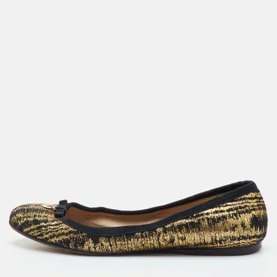 Pre-owned Fendi Size 39 Black/gold Metallic Embossed Suede Ballet Flats