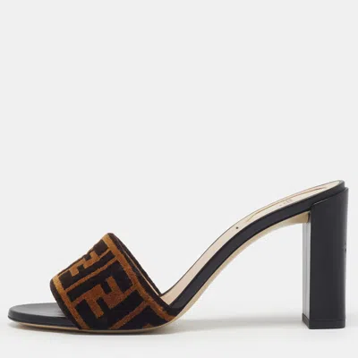 Pre-owned Fendi Size 39 Brown Velvet Ff Slides Sandals