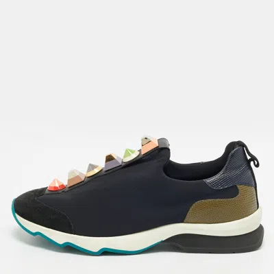 Pre-owned Fendi Size 39 Tricolor Lizard Embossed Leather And Neoprene Embellishment Slip On Sneakers In Black