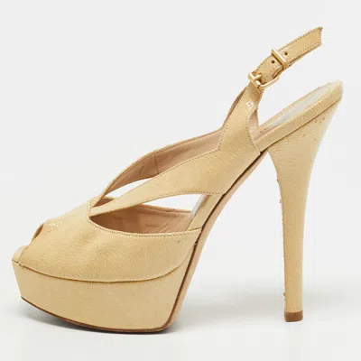 Pre-owned Fendi Size 39.5 Beige Embossed Leather Platform Slingback Sandals