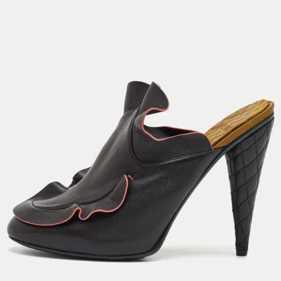 Pre-owned Fendi Size 40 Black Leather Waves Ruffle Platform Mules