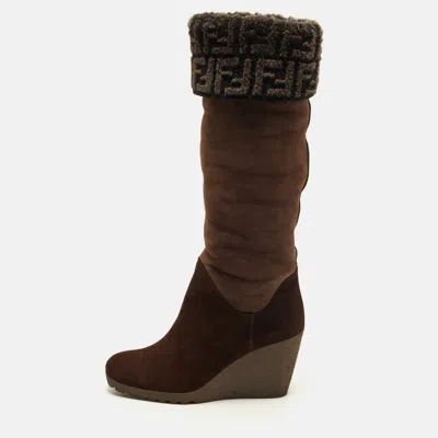 Pre-owned Fendi Size 40 Brown Fur And Suede Wedge Knee Length Boots