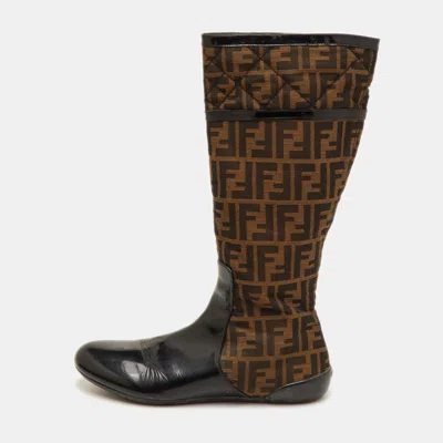 Pre-owned Fendi Size 40 Brown Zucca Fabric Patent Leather Knee Length Boots