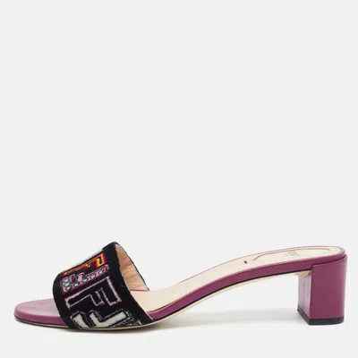 Pre-owned Fendi Size 40 Multicolor Ff Canvas And Leather Logo Flat Slides In Brown