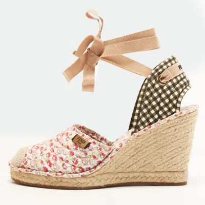 Pre-owned Fendi Size 40 Multicolor Floral Fabric Wedge Espadrille Sandals
