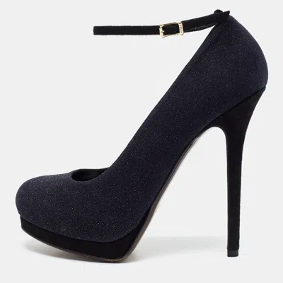 Pre-owned Fendi Size 40 Navy Blue Glitter And Suede Platform Pumps