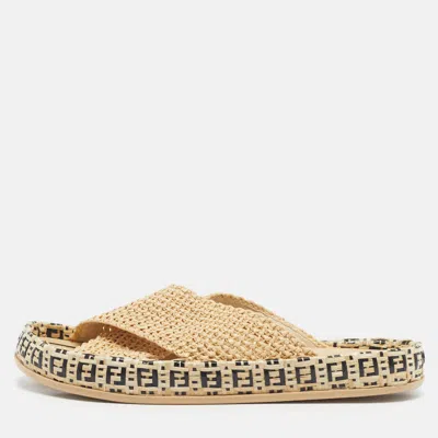 Pre-owned Fendi Size 41 Beige Ff Raffia Reflection Crisscross Flat Flat Slide In Sand