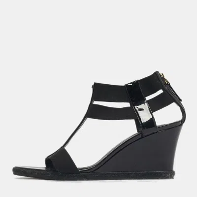Pre-owned Fendi Size 41 Black Elastic And Patent Leather Espadrille Wedge Sandals