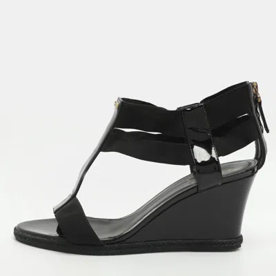 Pre-owned Fendi Size 41 Black Elastic And Patent Leather Espadrille Wedge Sandals