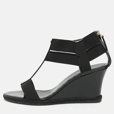 Pre-owned Fendi Size 41 Black Patent Leather And Stretch Fabric Strappy Wedge Sandals