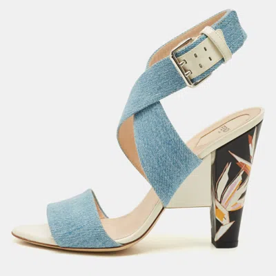 Pre-owned Fendi Size 41 Blue Denim Flora Detail Heel Ankle Wrap Sandals