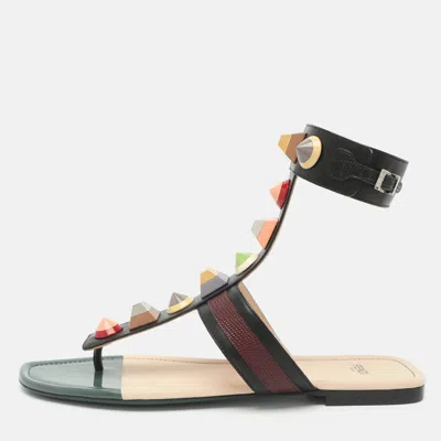 Pre-owned Fendi Size 41 Multicolor Leather Studded Ankle Cuff Flat Sandals