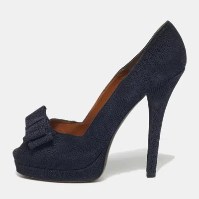 Pre-owned Fendi Size 41 Navy Blue Suede Bow Peep Toe Platform Pumps