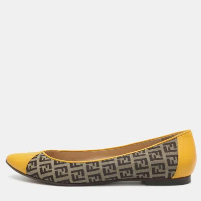Pre-owned Fendi Size 41 Yellow/tobacco Zucchini Canvas And Leather Ballet Flats