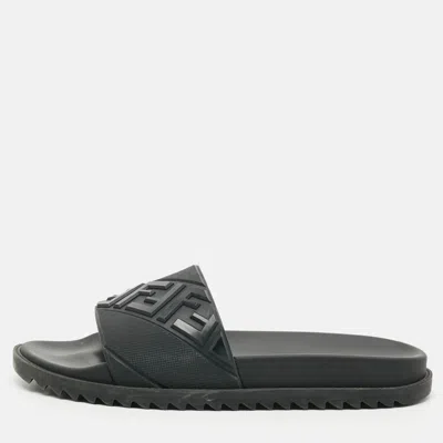 Pre-owned Fendi Size 43 Black Rubber Logo Flat Slide Sandals