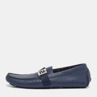 Pre-owned Fendi Size 43 Navy Blue Leather Ff Logo Loafers