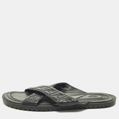 Pre-owned Fendi Size 44 Black Leather Ff Logo Criss Cross Flat Slide