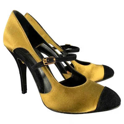 Pre-owned Fendi Size 7.5 Gold Black Satin Mary Jane Pumps