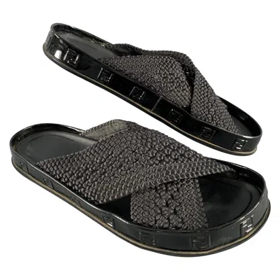 Pre-owned Fendi Size 8 Black Monogram Nylon Slide Sandals