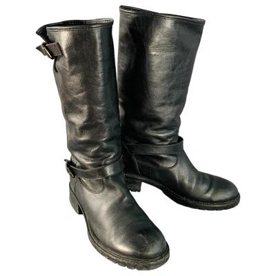 Pre-owned Fendi Size 9 Black Leather Shearling Lined Pull On Buckle Boots