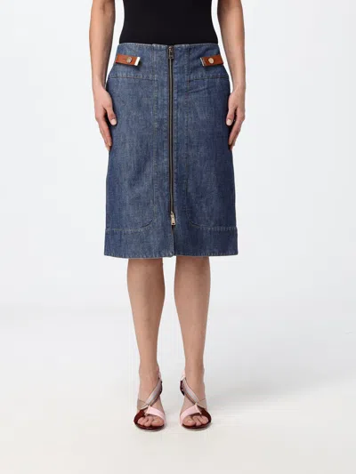 Fendi Zip-fastening Leather-detail Denim Skirt In Blue