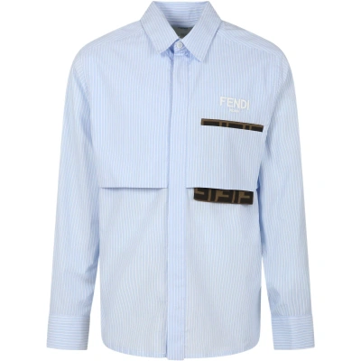 Fendi Kids' Sky Blue Shirt For Boy With Logo In Light Blue