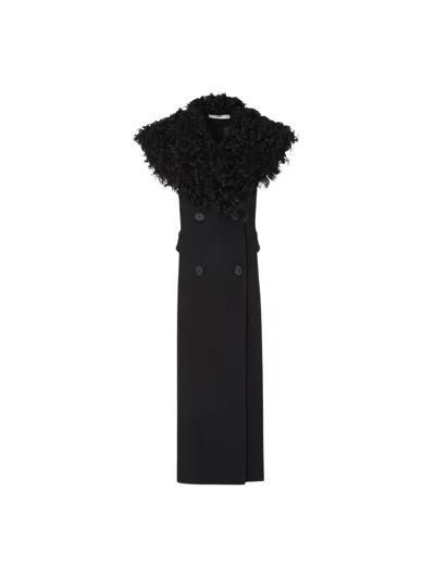 Fendi Sleeveless Double-breasted Long Coat With Fur Collar In Black