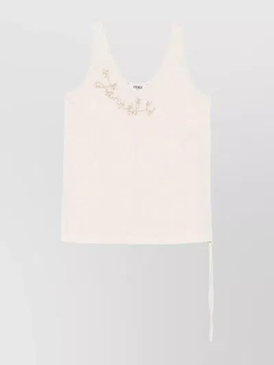 Fendi Sleeveless Embroidered Scoop Neck Top In White