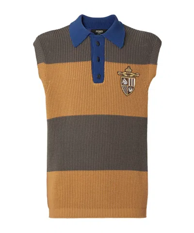 FENDI FENDI CREST EMBROIDERED STRIPED KNITTED POLO SHIRT