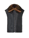 Fendi Women Black Sleeveless Shearling Jacket With Buckled Spread Collar In Leather And Fur Woman In Black