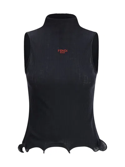 Fendi High Neck Fitted Sleeveless Top With Ruffles Clothing In Black
