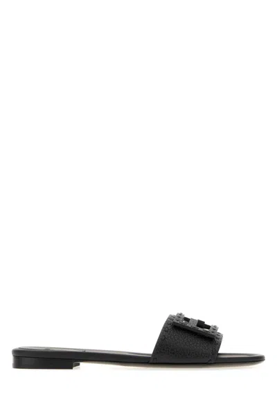 Fendi Slide Baguette In Pelle Nera In Animal Print