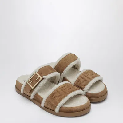 Fendi Feel Ff Jacquard Suede And Shearling Slides In Brown