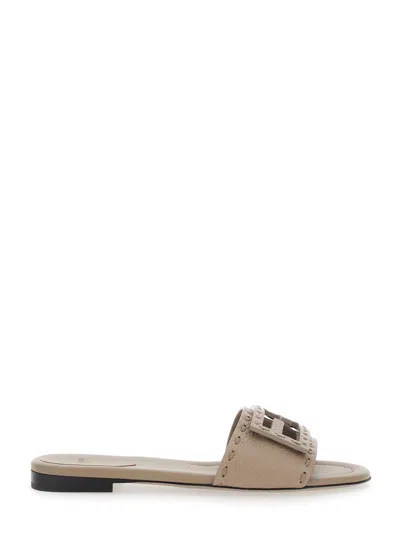 FENDI FENDI BEIGE SLIDE SANDALS WITH LOGO PLAQUE ON THE FRONT IN HAMMERED LEATHER WOMAN