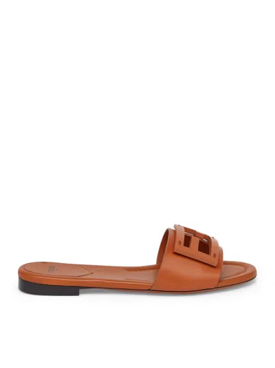 Fendi Women's Logo Leather Slide Sandals In Brown