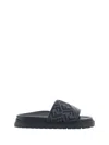 Fendi Ff Jacquard Leather Slide Sandals In Nero+ner+grigio Nero