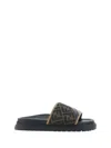 Fendi Brown Ff Jacquard And Beige Leather Slides In Sand+ner+tabacc.nero