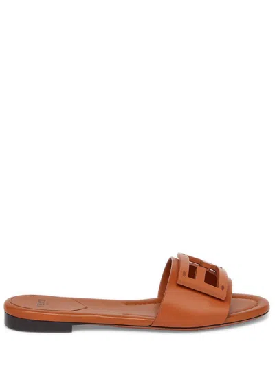 Fendi Women's Logo Leather Slide Sandals In Brown