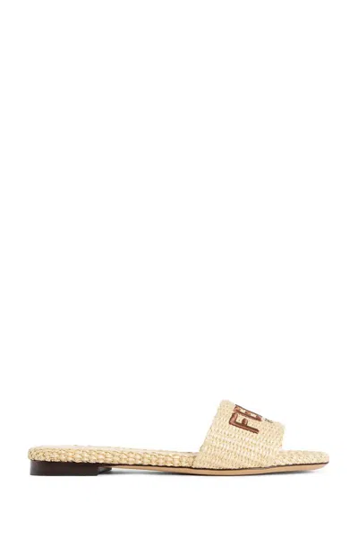 Fendi Cotton Slide Sandals In Brown