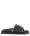 Fendi Brown Ff Jacquard And Beige Leather Slides In Multicolor
