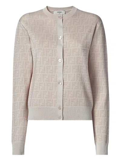 Fendi Slim Fit Wool Cardigan Ff Detail In Neutral