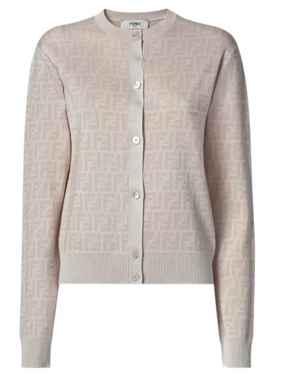 Fendi Slim Fit Long-sleeved Crew-neck Cardigan In Pink