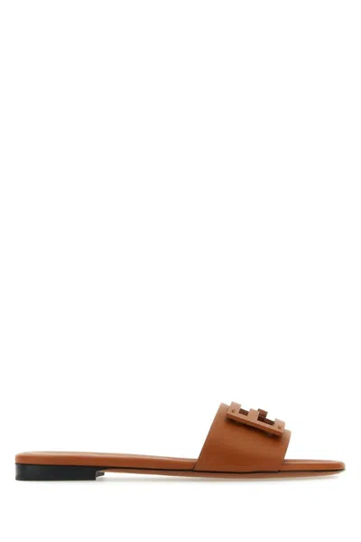 Fendi Ff Baguette Logo Slides In Brown