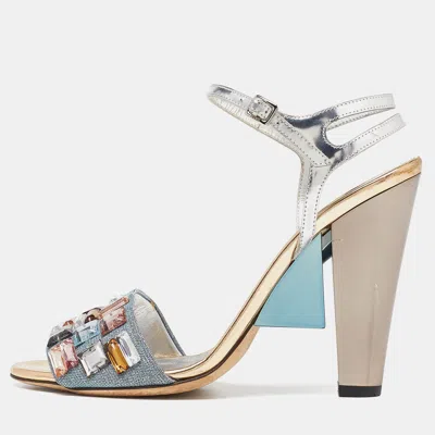 Pre-owned Fendi Sliver Leather And Fabric Crystals Embellished Ankle Strap Sandals Size 38 In Silver