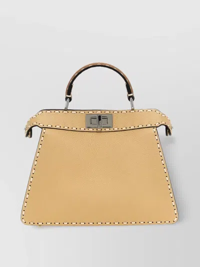 Fendi Small Leather Shoulder Bag With Top Handle In Straw+cappu+camel+p