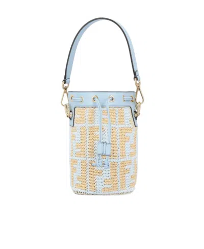 Fendi Small Mon Tresor Woven Bucket Bag In Blue