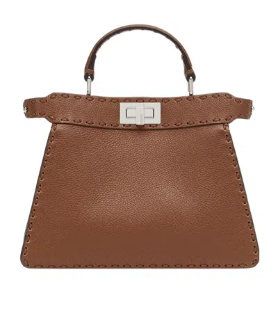 Fendi Small Peekaboo Leather Tote Bag In Brown