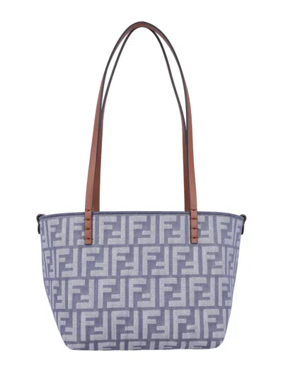 Fendi Small Roll Blue Denim-effect Ff Jacquard Reversible Shopper