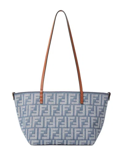 Fendi Small Roll Blue Denim-effect Ff Jacquard Reversible Shopper Bags