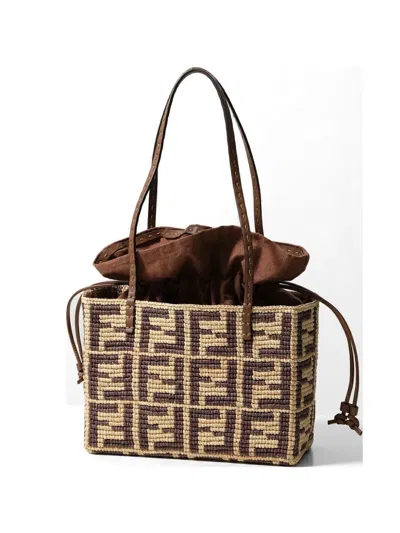 Fendi Small Roll Raffia Tote Bag In Neutral
